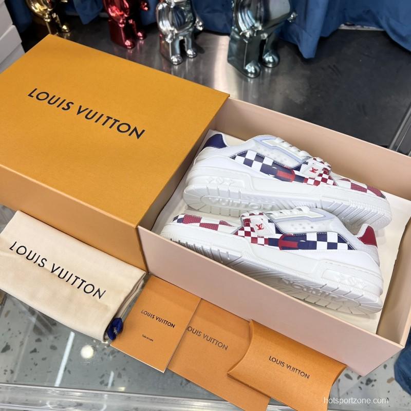 2025 Unisex Louis Vuitton White Red Blue Leather LV Trainer