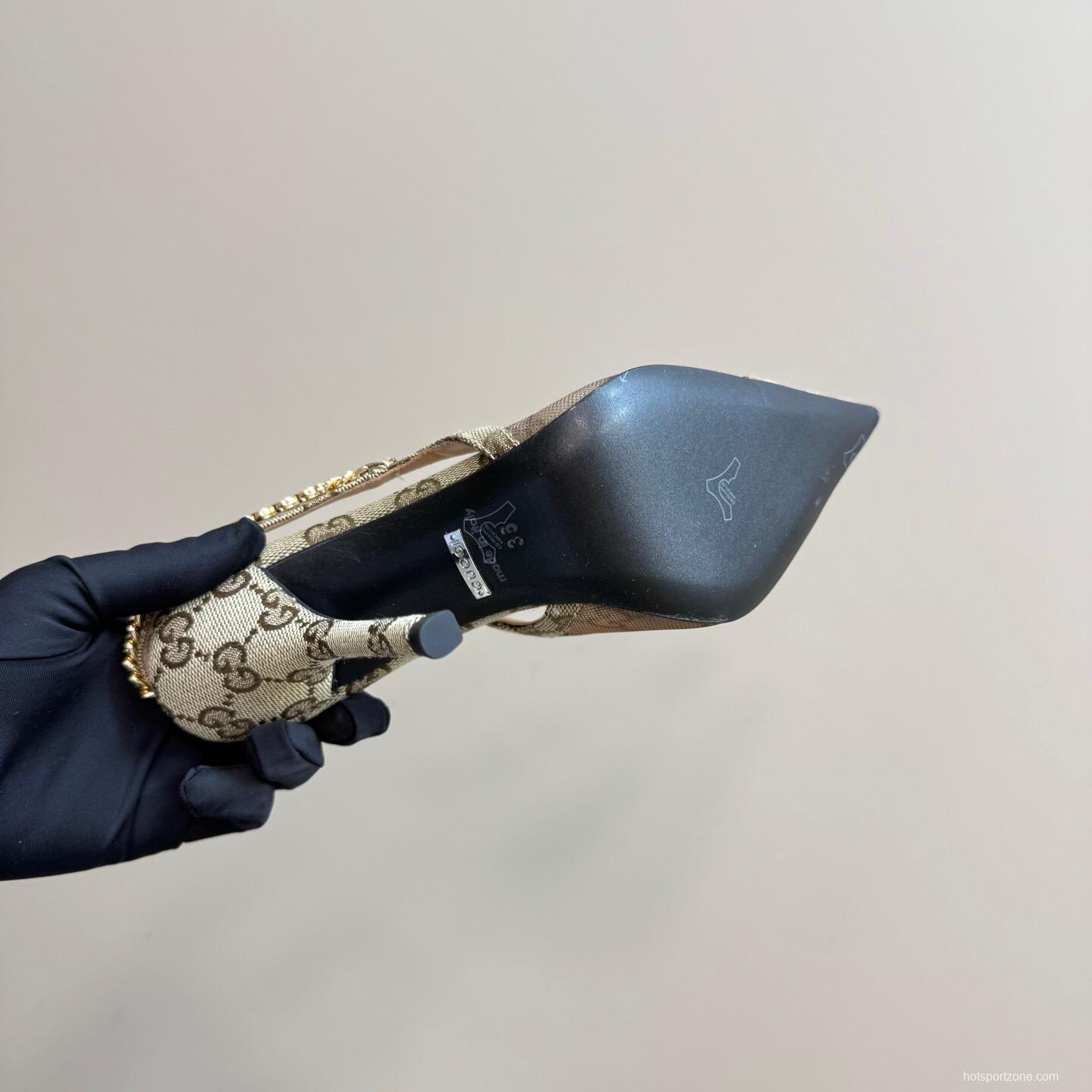 2025 Women Gucci Beige Mesh Fabric High Heel Pumps With Gold Chain Detailing KFY00300(F)