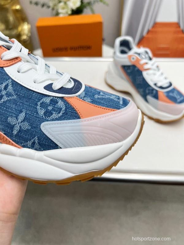 2025 Unisex Louis Vuitton Blue Orange White Leather Mesh Rubber Sneakers Monogram LY00340