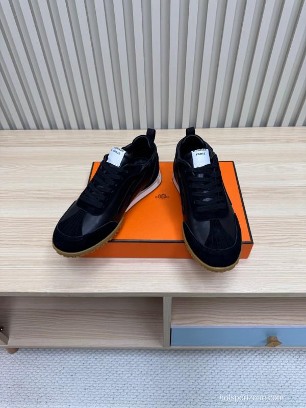 2025 Unisex Hermès Black Brown Suede Goat Leather Down Fabric Sneakers Top Version KFY00300