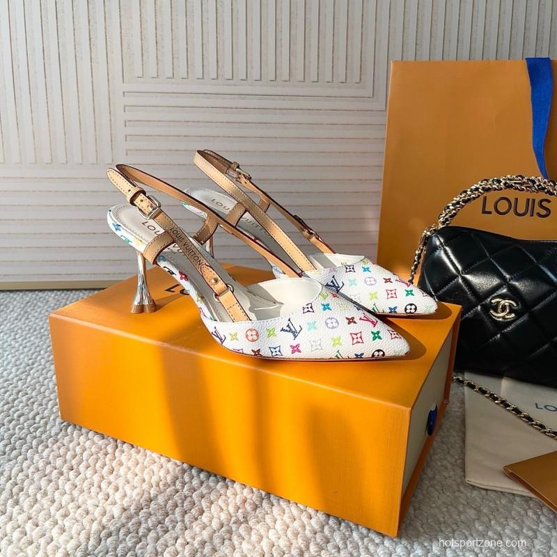 2025 Women Louis Vuitton White Multicolor Canvas Leather Slingback Pumps