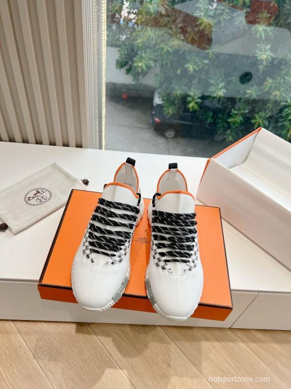 2024 Unisex Hermès White Black Orange Calfskin Suede Knit Sneakers MJ00290