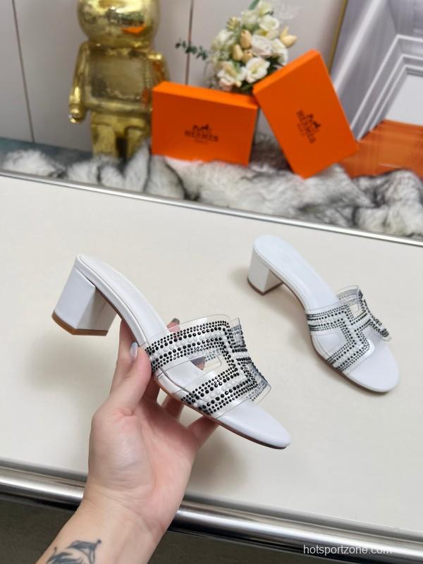 2025 Slippers Hermès White Leather Crystal MJ00180