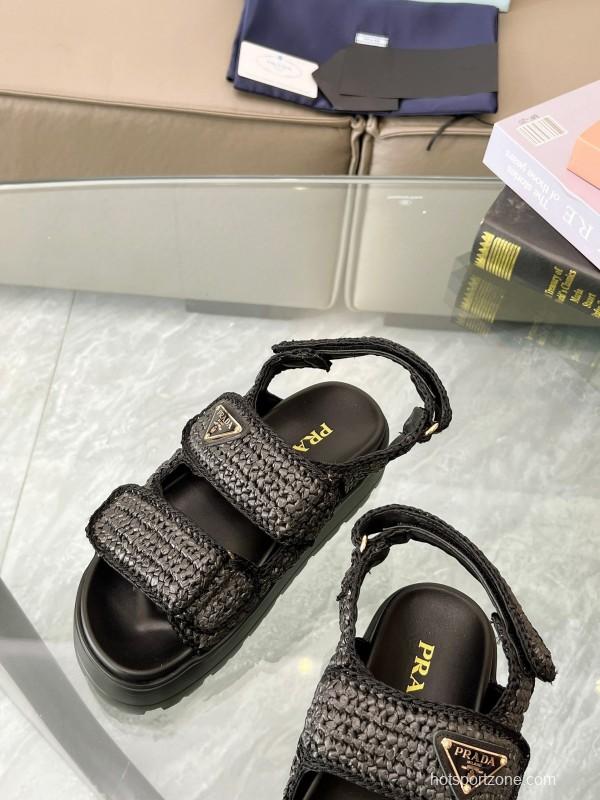 2025 Women Prada Black Woven Leather Platform Sandals LY00300