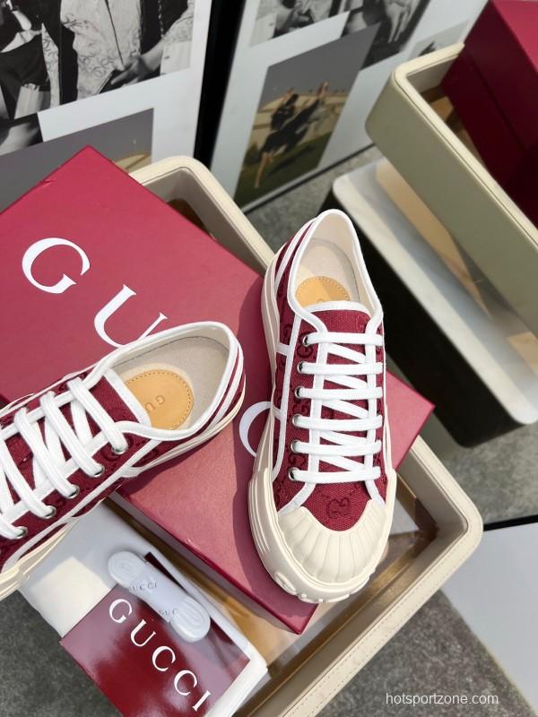 2025 Women Gucci Burgundy Canvas Rubber Sole Thick Platform Sneakers Handcrafted LY00270