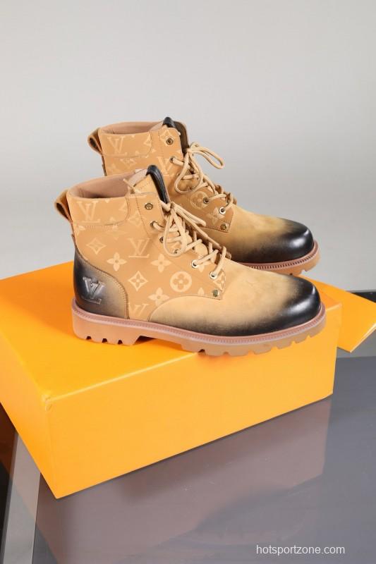 2024 Men Louis Vuitton Beige Black Leather Canvas Boots MJ00470