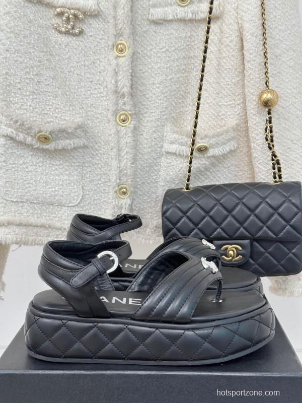 2025 Women Chanel Black Leather Sandals Platform