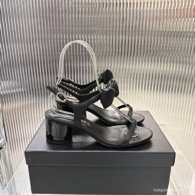 2025 Women Chanel Black Lambskin Bowknot Sandals LY00260