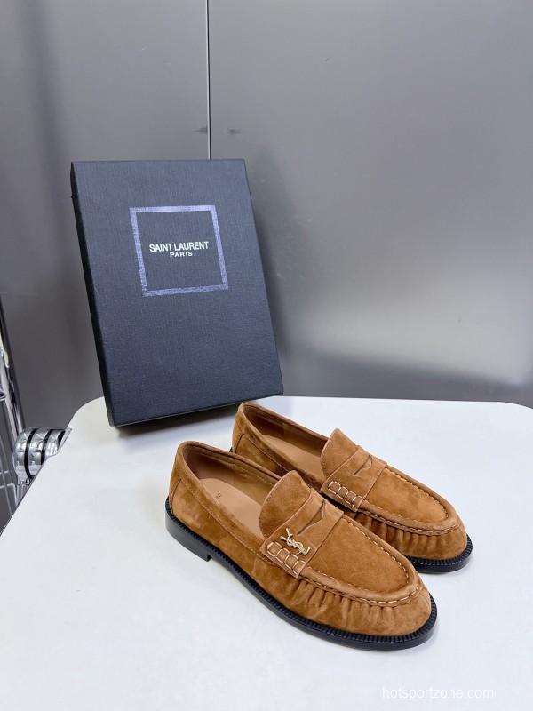 2025 Women Yves Saint Laurent Brown Suede Loafers KFY00350