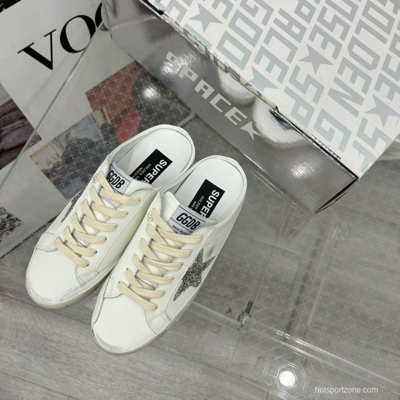 2025 Women GGDB White Silver Leather Suede Star Mules