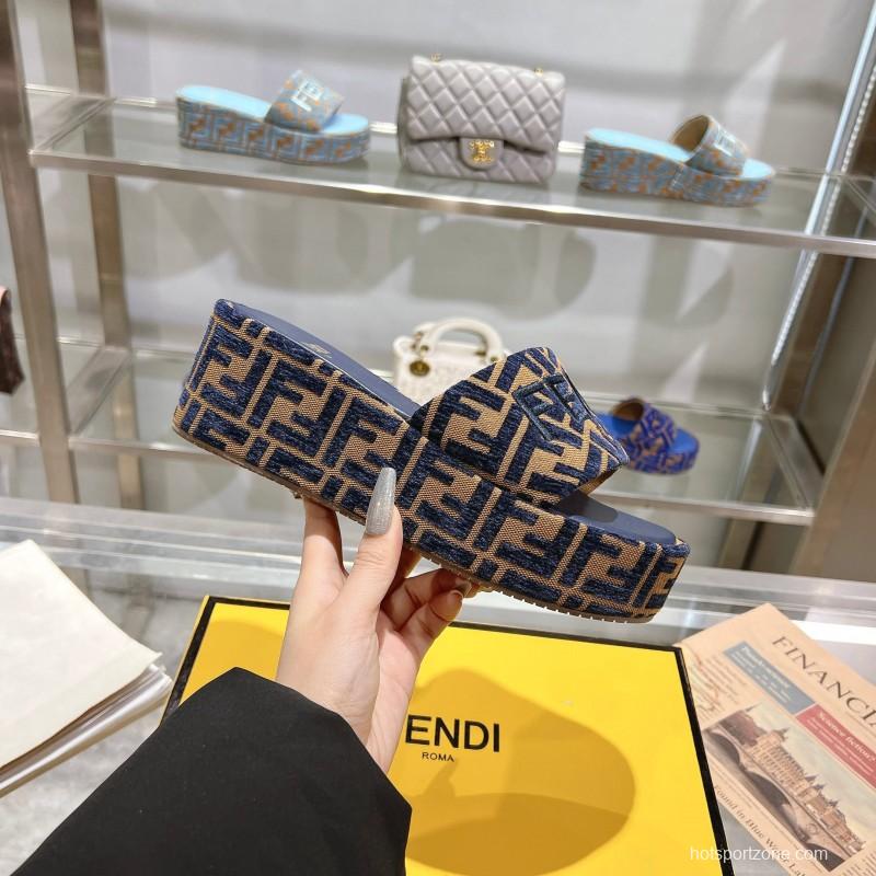 2025 Slippers Fendi Blue Brown Canvas Platform FF Jacquard KFY00240