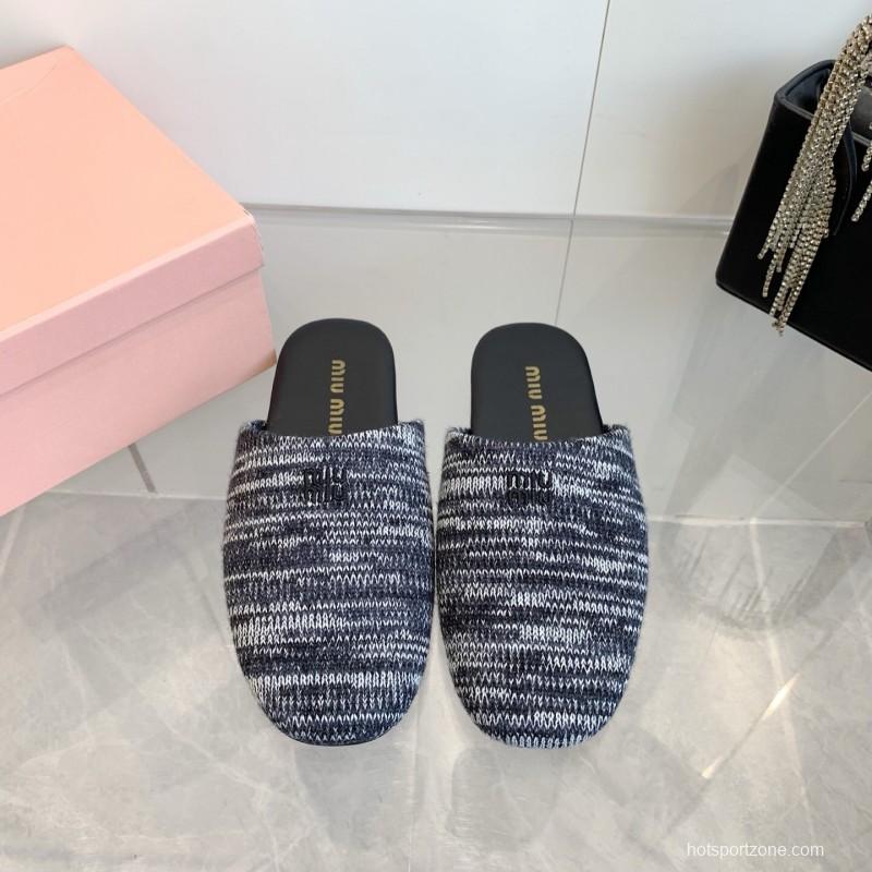 2025 Women Miu Miu Black White Knit Leather Slippers