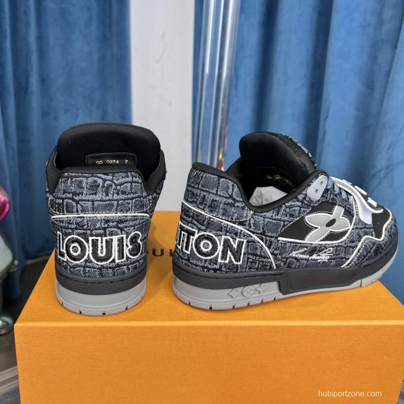 2025 Unisex Louis Vuitton Black Grey Leather Canvas Plimsolls Stitching LV0038