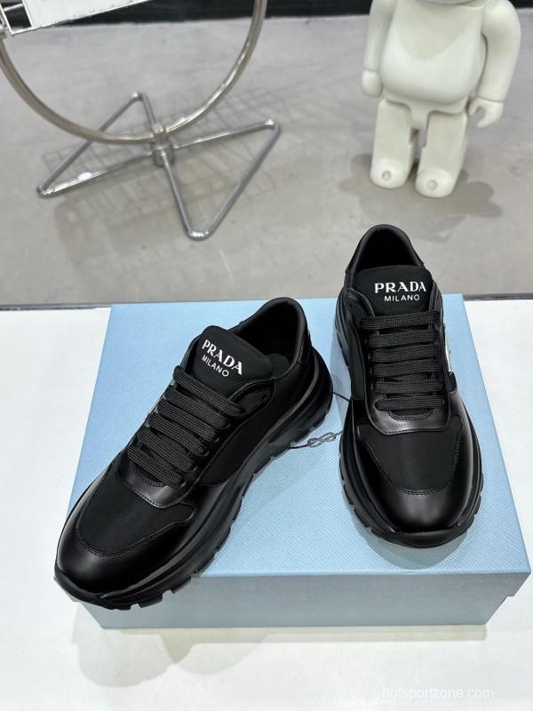2025 Unisex Prada Black Leather Nylon Sneakers