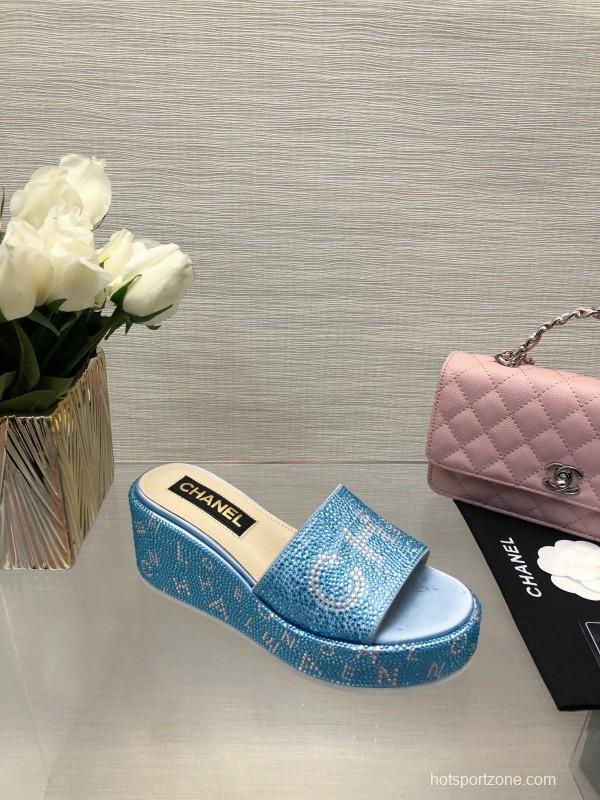 2025 Women Chanel Blue Fabric Platform Slippers LY00320