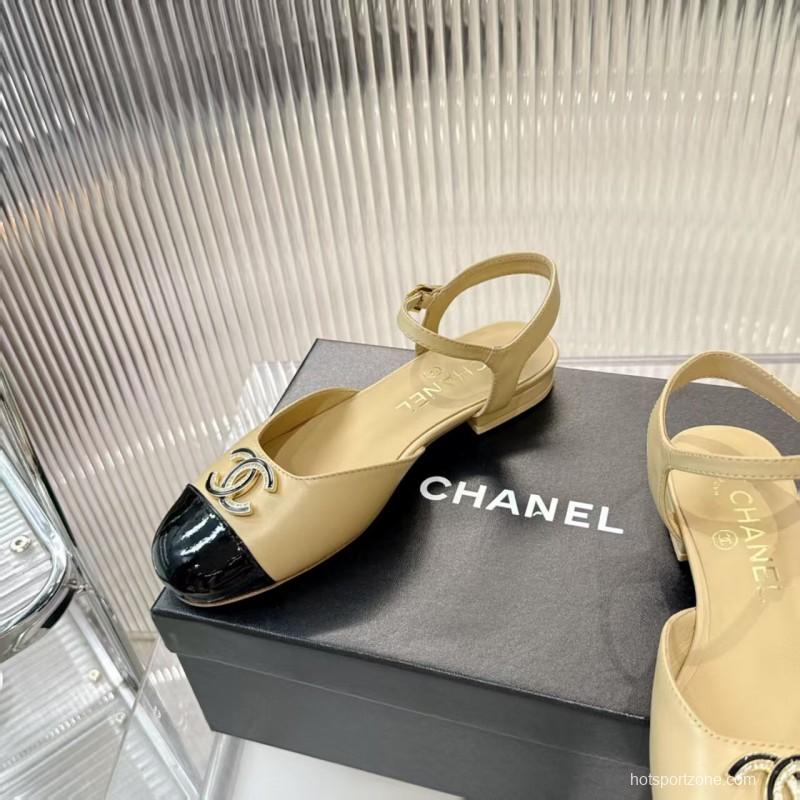 2025 Women Chanel Beige Black Leather Slingback Flat Sandals LY00260