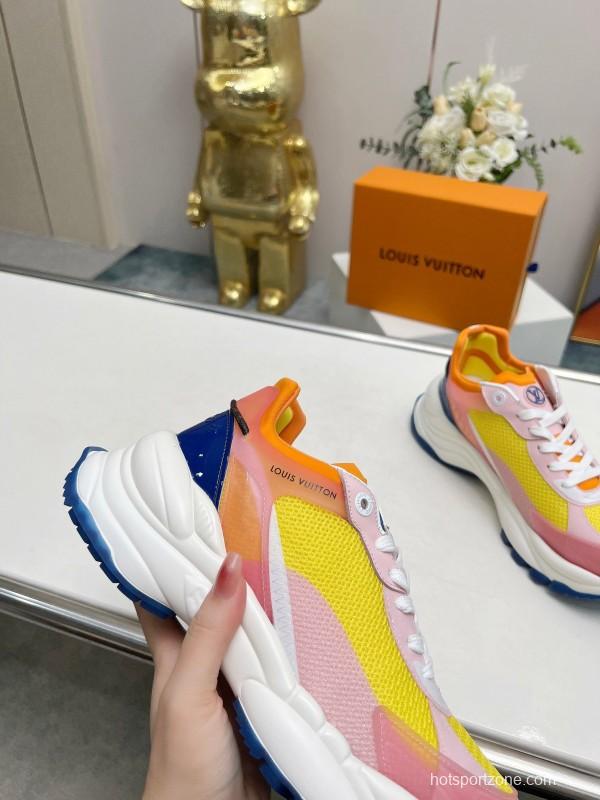 2025 Women Louis Vuitton Yellow Pink Blue Mesh Leather Sneakers