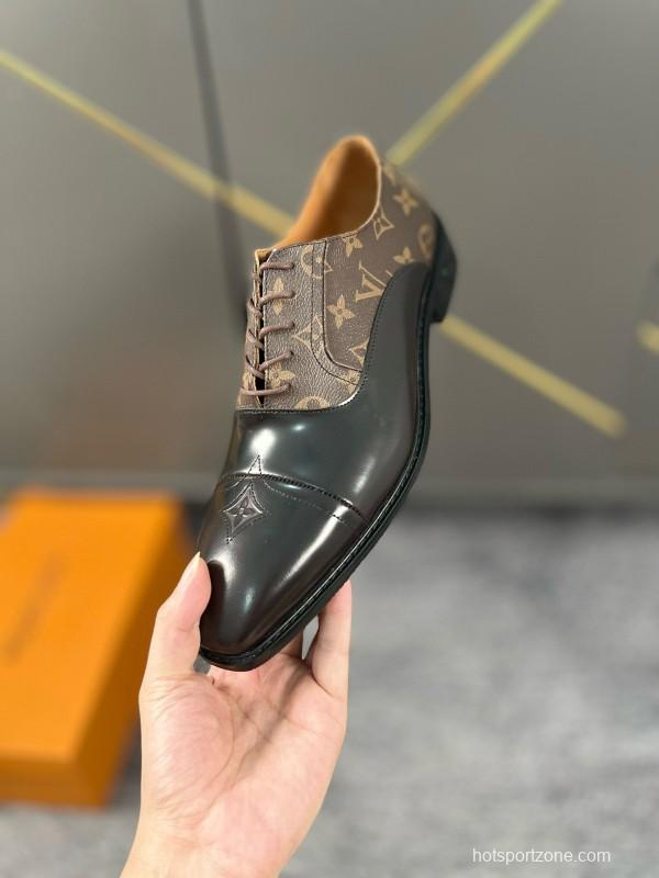 2024 Men Louis Vuitton Brown Black Leather Canvas Oxford MJ00380