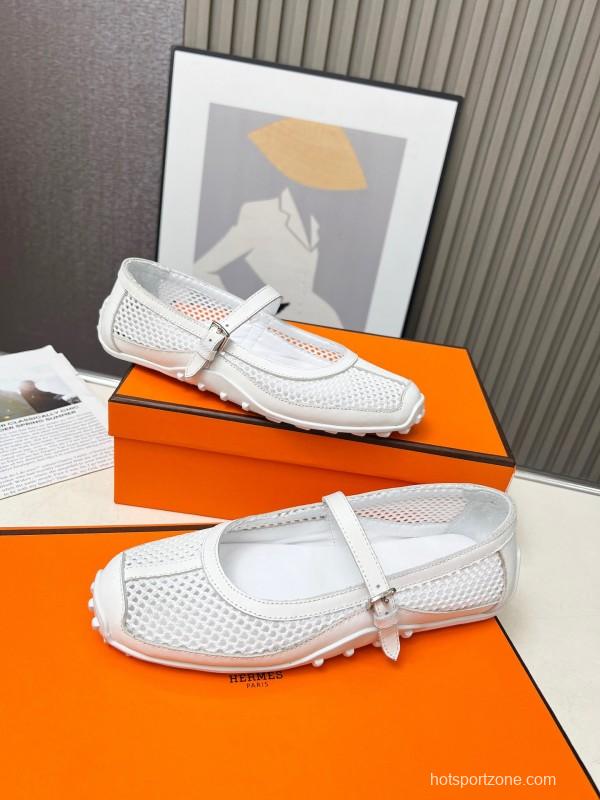2025 Women Hermès White Leather Mesh Mary Jane LY00230