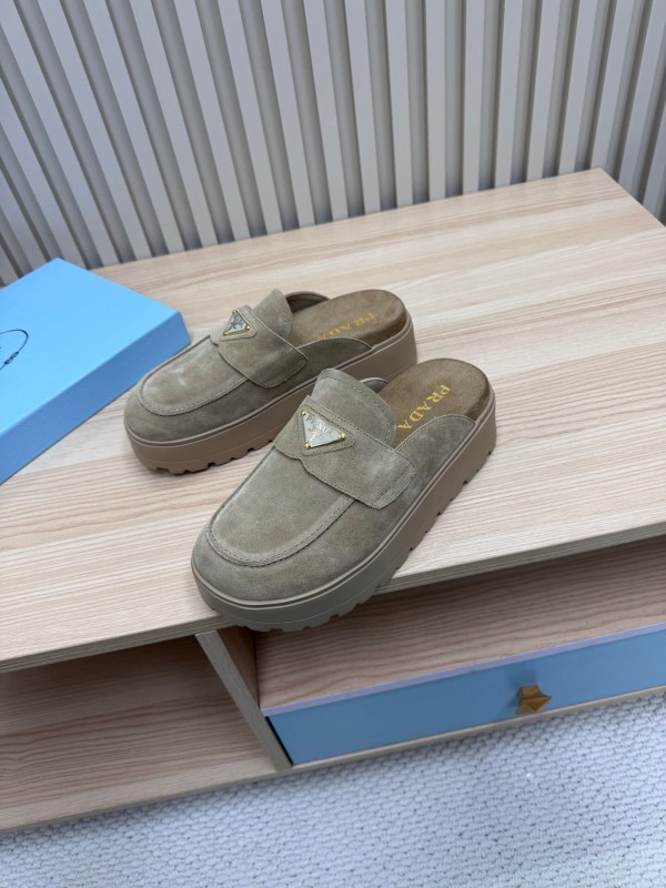 2025 Women Prada Khaki Suede Platform Loafers