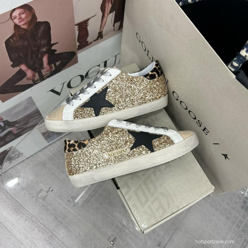 2025 Women GGDB Gold Glitter Black Leather Star Leopard Print Suede Sneakers