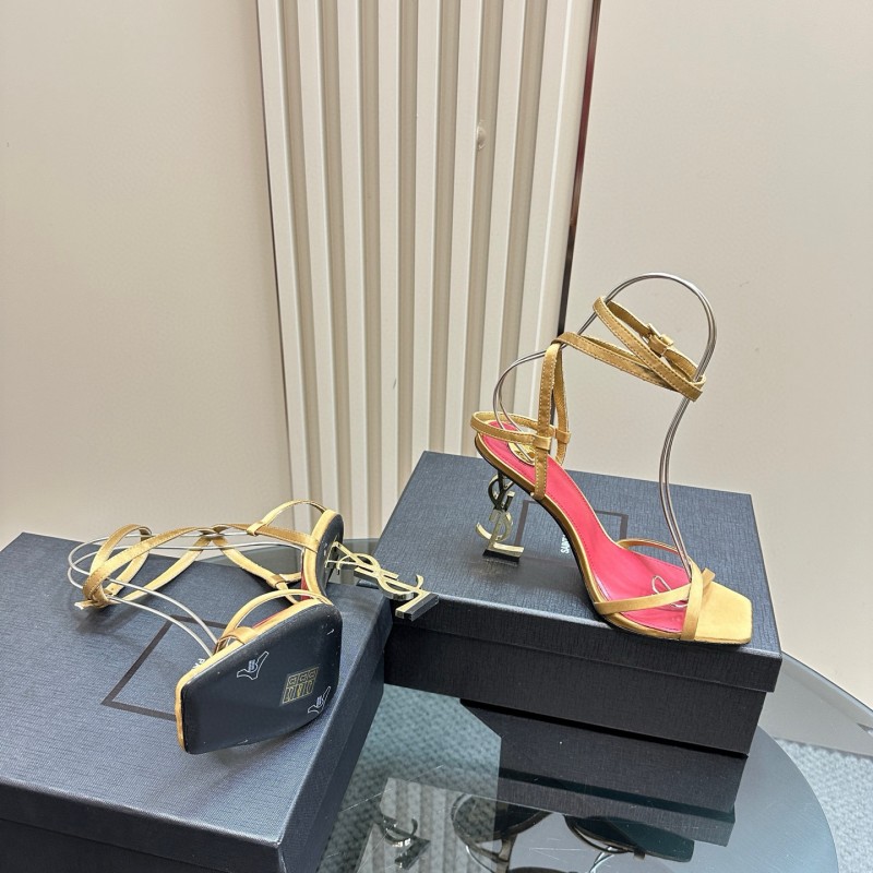 2025 Women Yves Saint Laurent Yellow Silk Strappy Heels