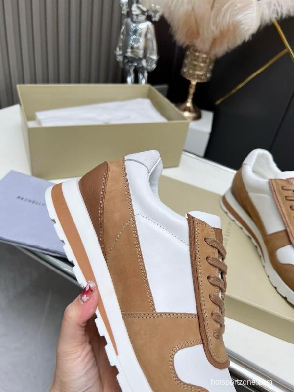 2024 Unisex Brunello Cucinelli White Brown Suede Leather Sneakers MJ00360