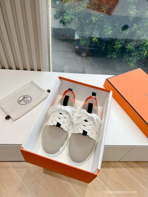 2024 Unisex Hermès Beige Orange Calfskin Suede Sneakers MJ00290(F/W)