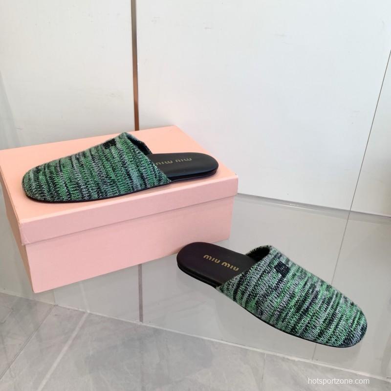 2025 Miu Miu Green Black Fabric Slippers