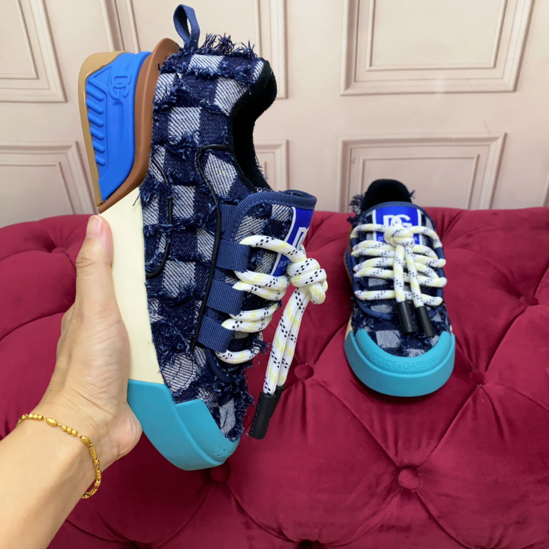2025 Unisex Dolce & Gabbana Blue White Brown Denim Leather Sneakers