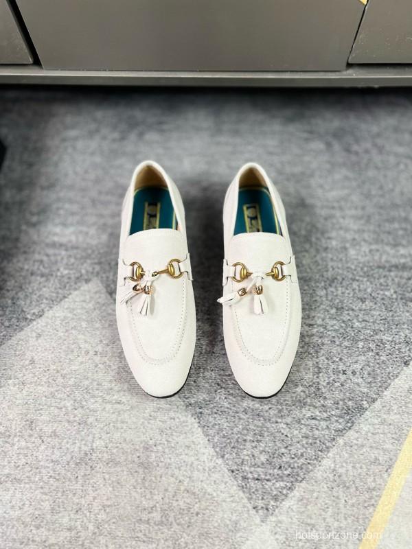 2024 Women Gucci White Suede Leather Loafers