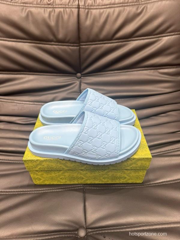 2024 Slippers Gucci Light Blue Leather Slippers MJ00200