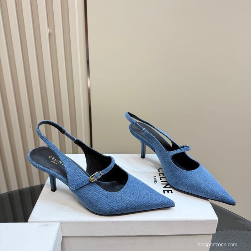 2025 Women CELINE Blue Denim Suede Slingback Pumps KFY00290