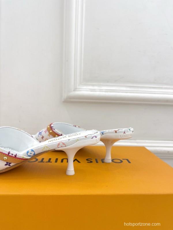 2025 Women Louis Vuitton White Rainbow Leather Slippers MJ00290