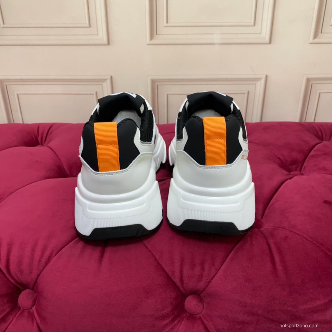2025 Unisex Dolce & Gabbana White Black Orange Leather Lycra Sneakers LY00330(F)/LY00340(M)