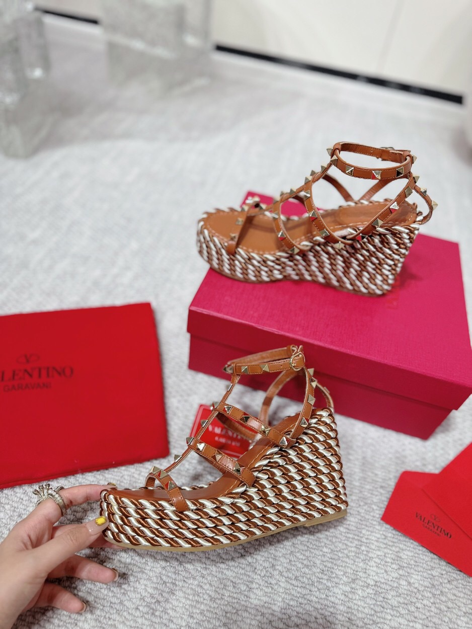 2025 Women Valentino Brown Leather Wedge Sandals Braided Cotton LY00290