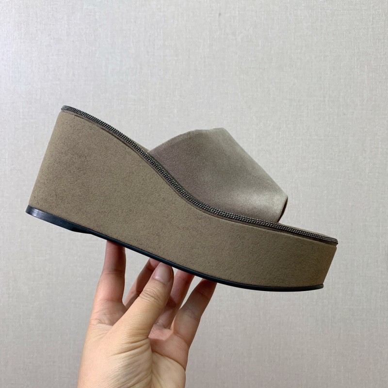 2025 Women BRUNELLO CUCINELLI Beige Suede Platform Slide Sandals Casual Handmade KFY00275 (F)
