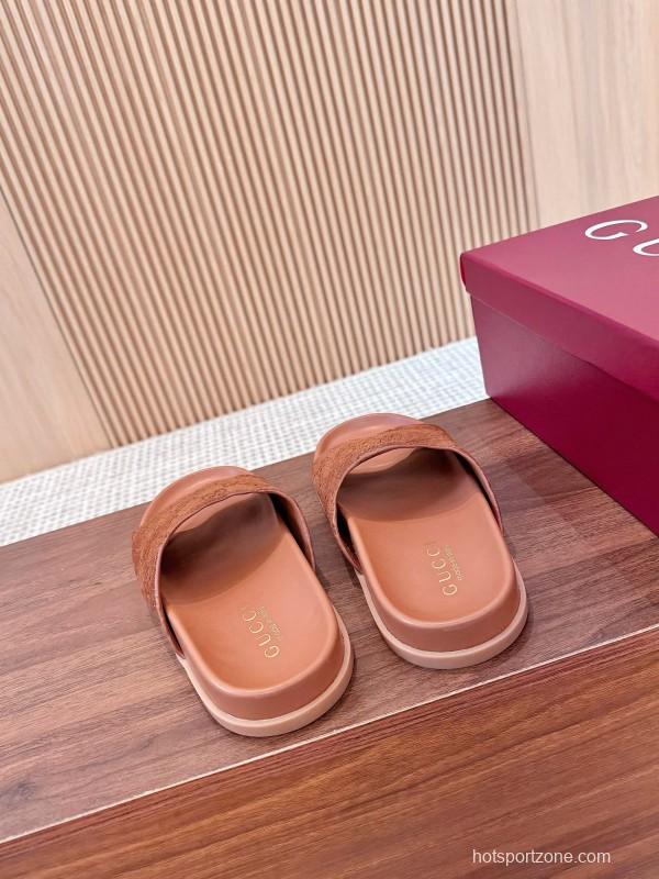 2025 Women Gucci Brown Suede Leather Slippers