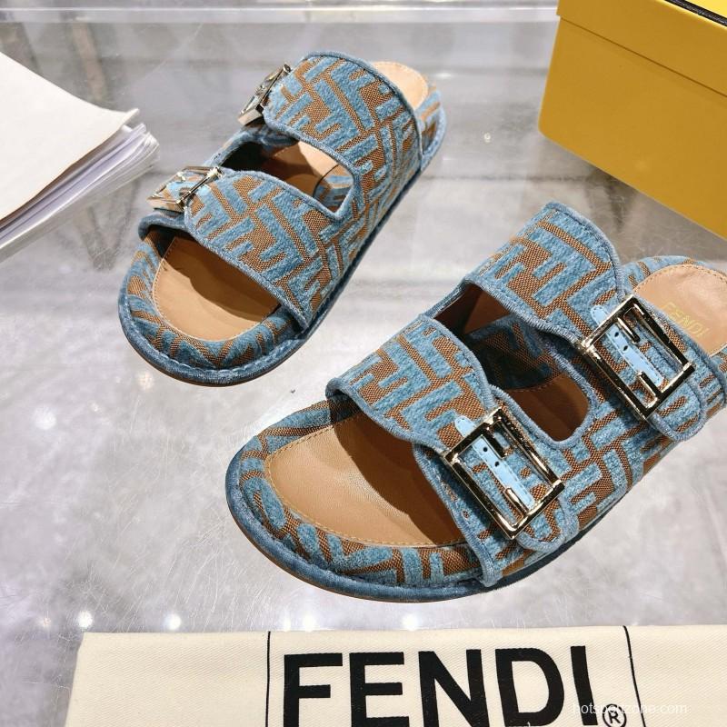 2025 Fendi Blue Beige Jacquard Fabric Slippers Buckle MJ00230