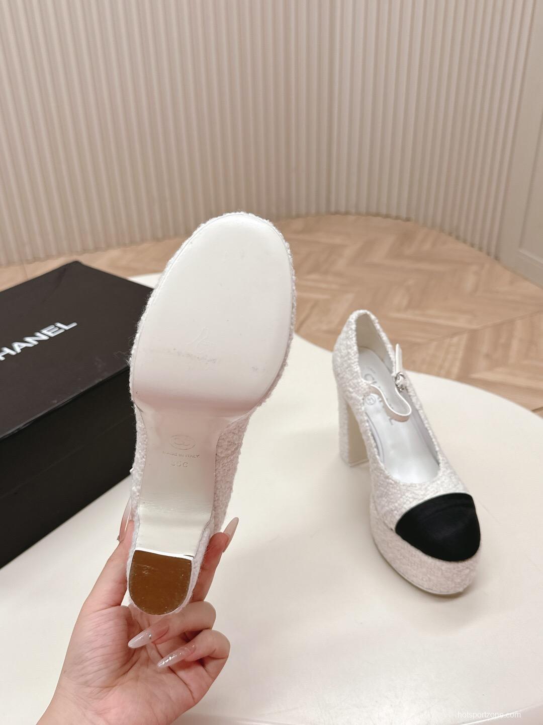 2025 Women Chanel White Black Tweed Platform High Heels