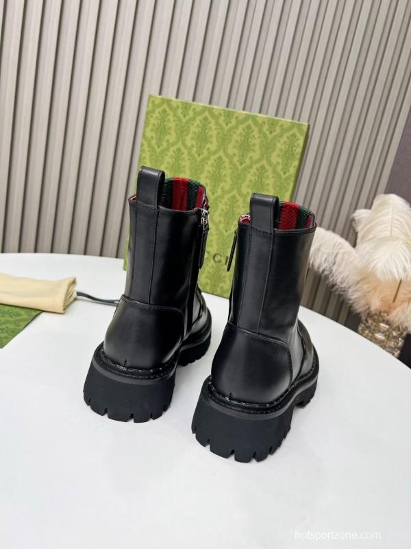 2024 Women Gucci Black Leather Lace-Up Combat Boots Red Green Web MJ00340