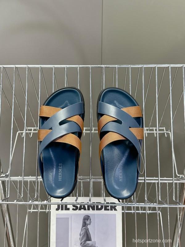 2025 Slippers Hermès Blue Brown Leather Slippers