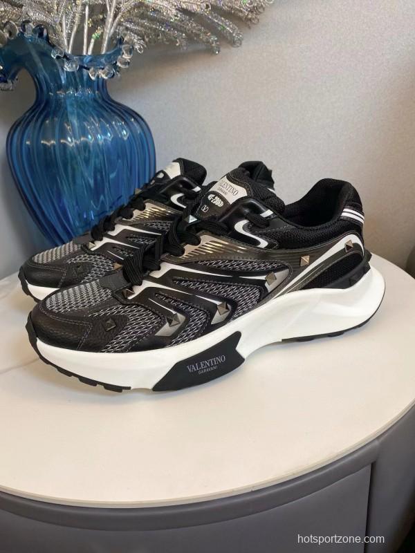 2024 Unisex Valentino Black White Mesh Leather Sneakers MJ00410