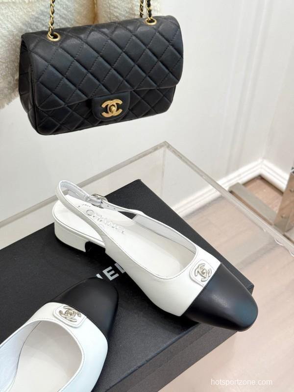 2025 Women Chanel White Black Leather Slingback Heels