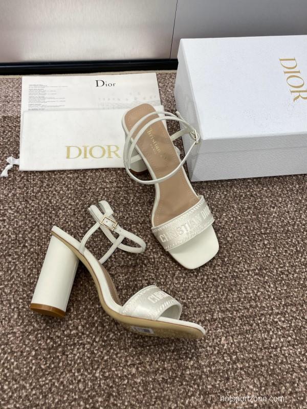 2025 Women Dior White Leather High Heel Embroidered Sandals