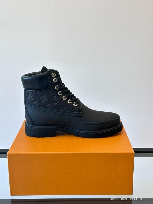 2024 Men Louis Vuitton Black Leather Monogram Work Boots MJ00390