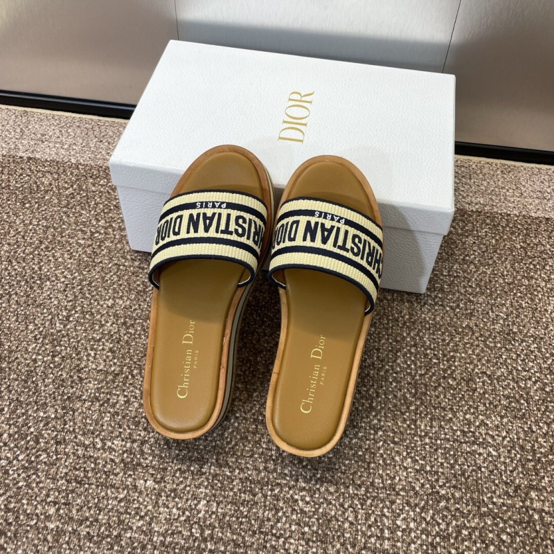 2025 Slippers Dior Beige Navy Canvas Leather Platform CHRISTIAN DIOR CD004