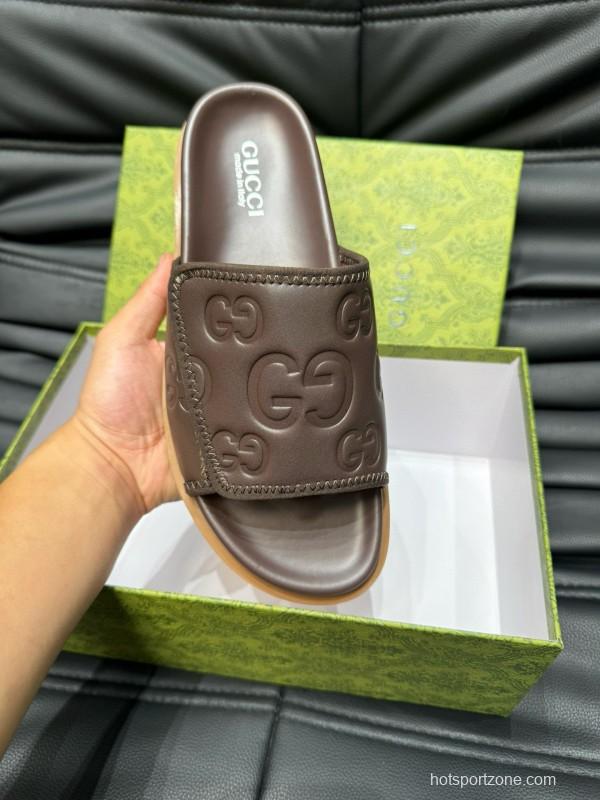 2024 Gucci Brown Leather Slippers MJ00200