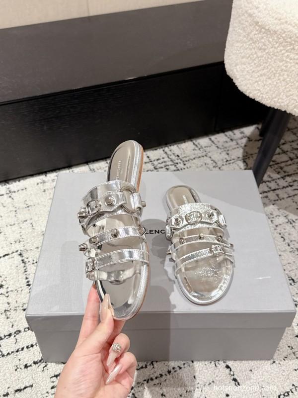 2025 Slippers Balenciaga Silver Leather Metal Buckle KFY00289
