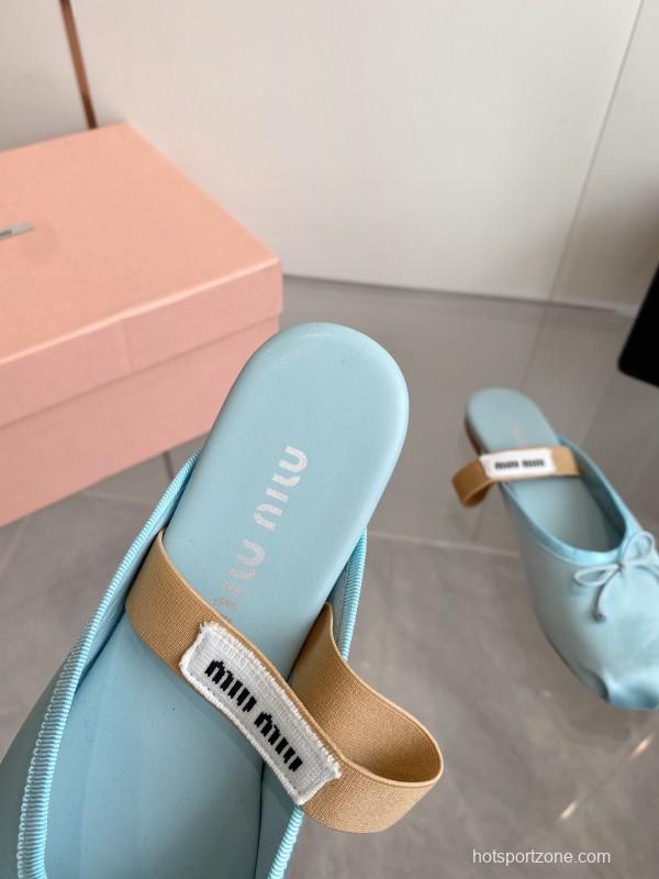 2025 Women Miu Miu Light Blue Satin Slip-On Ballet Flats KFY00280